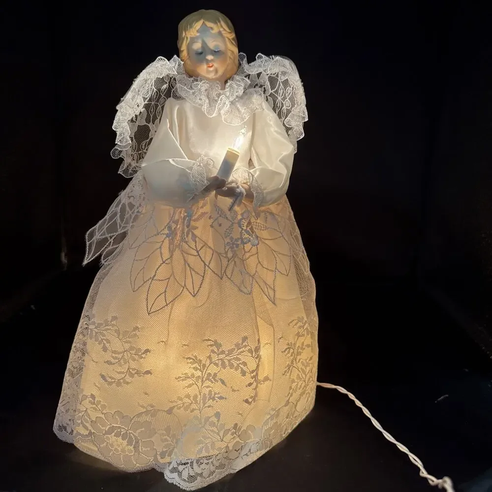 vintage porcelain angel tree topper Lights Closed 12” Tall Works